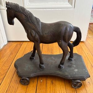 Primitive Folk Art Carved Wooden Horse on Wheels Antique